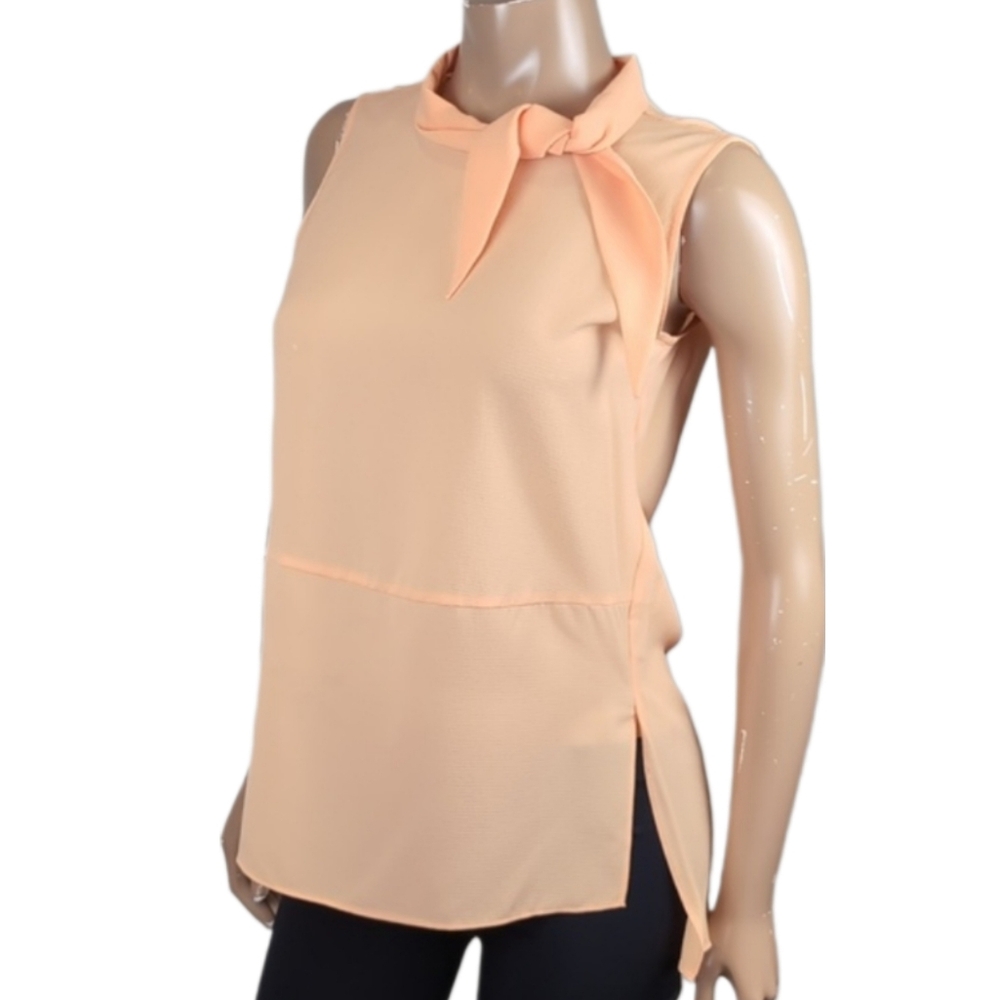 Suzy Shier Peach Sleeveless Bow Tie Top Sheer Keyhole Tunic Blouse Size Small